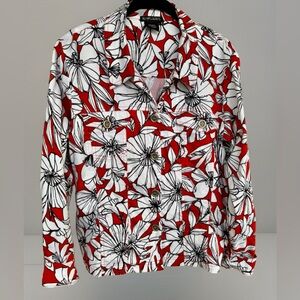 Nu Influence Womens Denim Jacket Red White Floral Button Up Breast Pockets Large